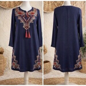 THML Anthropologie Boho Embroidered Shift Dress Navy Long Sleeve Midi Size Small